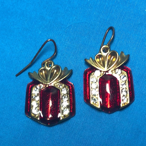 Vintage Shiny Red Enamel & Rhinestones set in Gold Tone Pierced Earrings - Picture 1 of 2